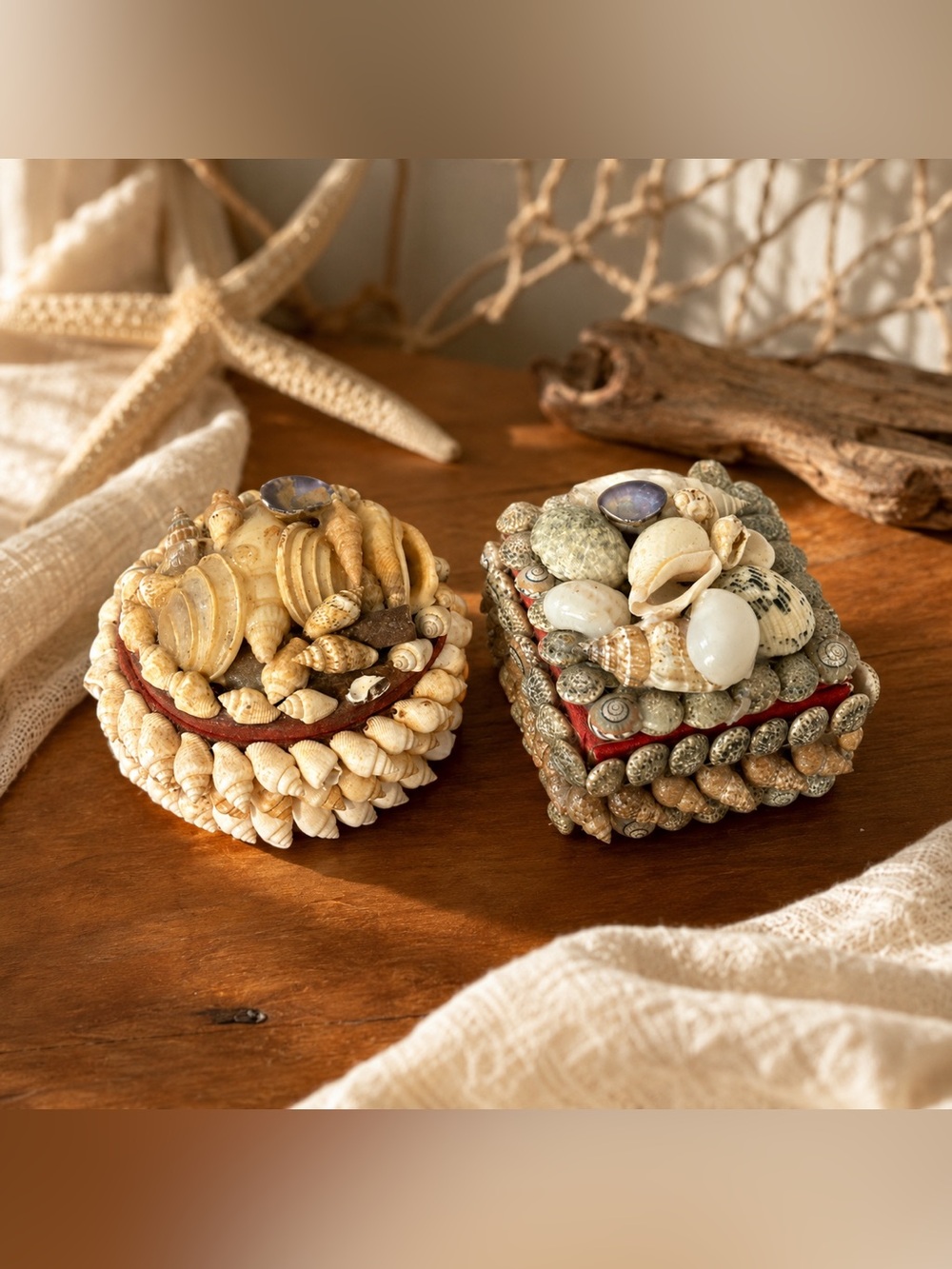 Vintage Handcrafted Seashell Trinket Boxes Coastal Beach Decor Set of 2